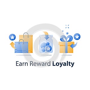 Earn gift, reward points, loyalty concept, incentive program, redeem gift, present box, collect bonus