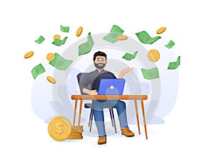 Earn money online 3D concept. Man working online with computer and coins 3D vector illustration. Freelancer making money