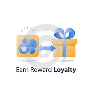 Collect bonus tokens, earn points, loyalty program, reward gift, present box, redeem prize, perks concept photo
