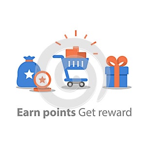Earn points for purchase, loyalty program, reward concept, full shopping cart, redeem gift