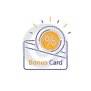 Earn reward, loyalty card, incentive gift, collecting bonus, shopping perks, discount coupon, line icon