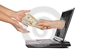 Earning money online, hand giving dollars