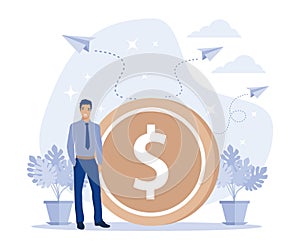 Earning, saving and investing money. Businessman is standing near a big dollar coin,