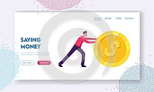 Earning, Saving and Investing Money Website Landing Page. Handsome Positive Businessman Rolling Huge Golden Dollar Coin