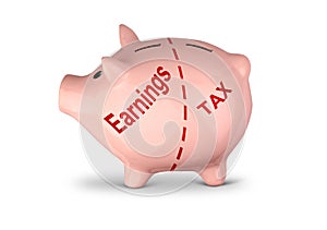 Earnings and tax creative concept, divided piggy bank on white