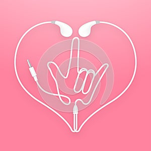 Earphones, Earbud type white color and I Love You hand sign