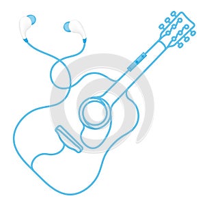 Earphones wireless and remote, In Ear type blue color and acoustic guitar shape made from cable