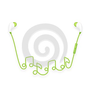 Earphones wireless and remote, In Ear type green color and music note symbol made from cable isolated on white background, with