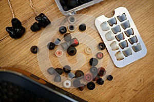 Earpieces rubbers on the counter in audio store photo