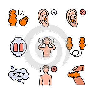Earplugs flat icons set. Healthy sleep without snore, ear safety illustrations. Signs for medical store. Simple style symbols