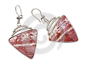 Earrings with brecciated jasper gemstones isolated
