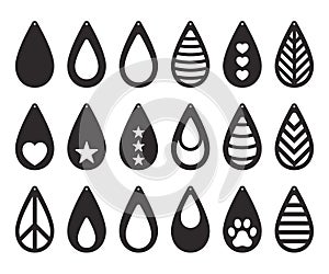 Earrings collection. Tear drop earrings with patterns. Pendant. Laser cut template. Jewelry making. Vector