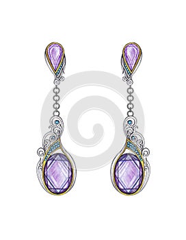 Earrings jewelry design modern art mix vintage set with amethyst and blue sapphire.