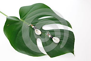 Earrings made of beads and shells on a manster sheet