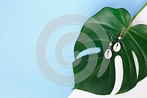 Earrings made of beads and shells on a manster sheet