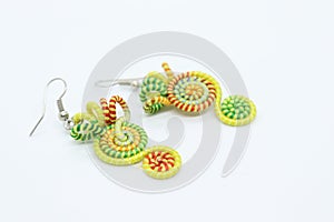 Earrings made by knitting with colored threads