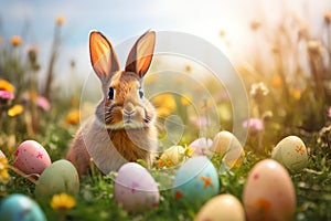 Ears Bunny with Decorated Easter Eggs In Flowery Field easter holiday theme