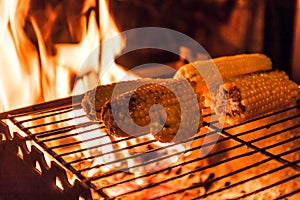 Ears of corn on a grill over high heat, night shooting.