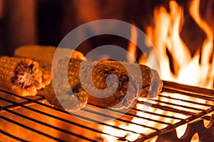 Ears of corn on a grill over high heat, night shooting.