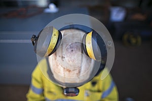 Ears muffs protection attached clipping into rope access technician full protection helmet