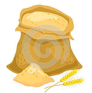 Ears and wheat bag, isolated vector illustration. Sack of flour icon. Flat illustration of sack of flour.