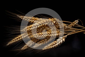 Ears of wheat with black background isolate ,- generative Ai illustration