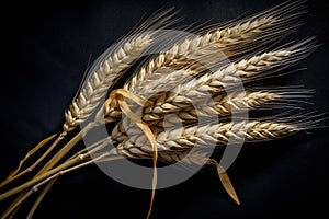 Ears of wheat with black background isolate ,- generative Ai illustration