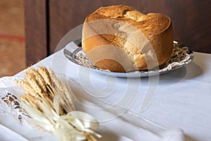 Ears of wheat and bread, are the offerings of the day of the first communion