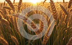 Ears of wheat on the field at sunset. Nature background.