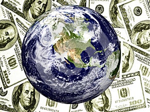 Earth with $100 bills background