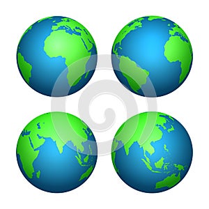 Earth 3d globe. World map with green continents and blue oceans. Vector isolated set