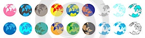Earth 3d globe. World map with green continents and blue oceans. Vector isolated set of earth planet