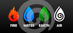 Earth, air, fire and water. Four icons of elements of nature. Symbol design of wind, air, fire, water, earth for app