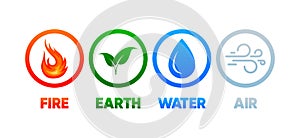 Earth, air, fire and water. Four icons of elements of nature. Symbol design of wind, air, fire, water, earth for app
