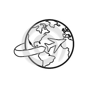 Earth with Airplane Outline Flat Icon on White