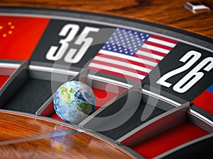 Earth as a ball of casino roulette with american USA flag in winning number. Time of world leadership of USA and winning in world