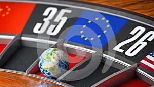 Earth as a ball of casino roulette with european union EU flag in winning number. Time of world leadership of EU and winning in