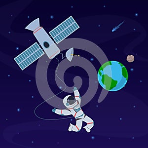 Earth with astronaut. Cosmonaut floating in stratosphere near earth planet, spaceship. Spacewalk explore at orbital