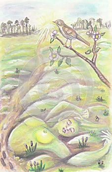 The earth awakens in spring. Painting with watercolors on paper.