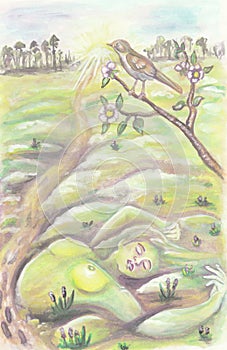 The earth awakens in spring. Painting with watercolors on paper. photo