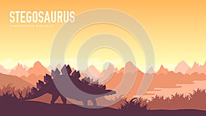 Earth BC landscape scene illustration. Before our era earth design. Dinosaur stegosaurus in its habitat background. Jungle