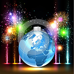 Earth and brightly colorful vector fireworks