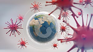 Earth with bubble shield surrounded by the virus, protect the world from Covid 19 concept.