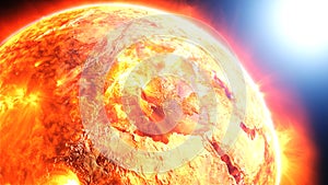 Earth burning or exploding after a global disaster, apocalyptic scenario.