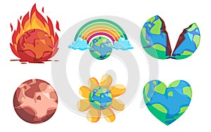 earth burning global warming climate change cracked earth icon illustration and bright future
