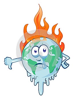 Earth cartoon on fire planet is burning disaster warning