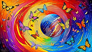 Earth center universe circular butterfly life travel color