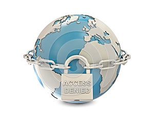 Earth, chain and closed padlock with access denied