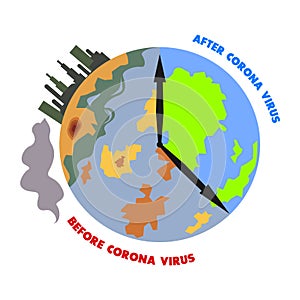 Earth comparison before and after corona virus illustration concept