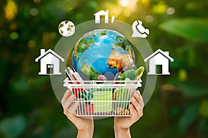 Earth conscious shopping basket with globe, house, and phone symbol